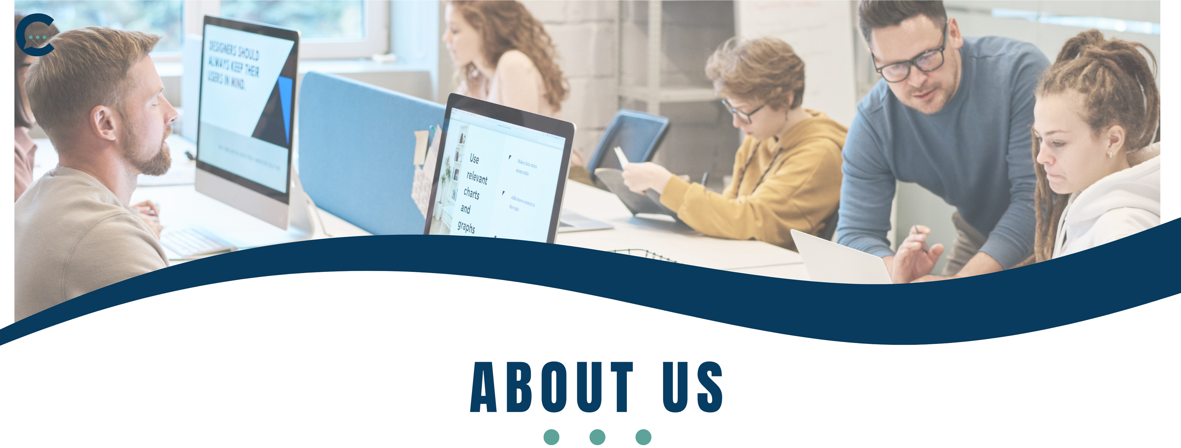 Image is a transparent photo of a woman, wearing a white business shirt, navigating a laptop computer while sitting at a desk. “About Us” is in dark blue lettering with a green background, with a blue line and green dots lining the base of the image.